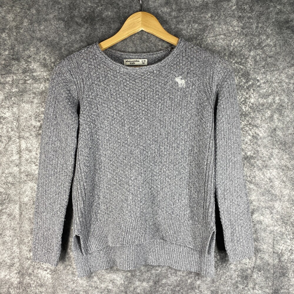Abercrombie Kids Sweater Girls 9 10 Gray Knit Pullover Embroidered Moose Ribbed